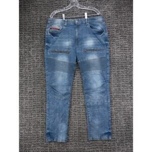Akademiks Jeanius Moto Jeans Mens 36x30 Blue Acid Wash Stretch Denim A31JN09 NWT